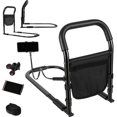 Randaco Barra di sicurezza per anziani, ausilio per alzarsi regolabile in altezza da 45 a 62 cm (5 livelli), con cinghia di fissaggio e supporto per telefono, nero