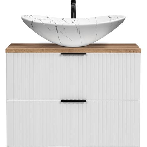 Waschtisch 80cm mit marmoriertem Aufsatzbecken, weiß mit Eiche Nb., Front gerillt, ADELAIDE-56-WHITE (1/5)