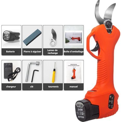 Elektrische Gartenschere, elektrische Gartenschere mit Ladegerät und 1 x 36V Lithium 2Ah Akku, 25mm Schnittdurchmesser (Orange) (1/5)