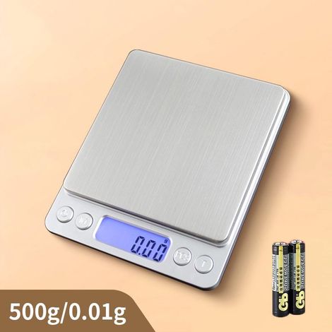 Balance de cuisine numérique extra large 500 g/0,01 g, à piles, avec plateau en acier inoxydable. (1/5)