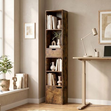 Bibliothèque à 6 niveaux avec étagères réglables, tiroir et porte de placard – Design classique – Pour salon et bureau – 30 × 24 × 158 cm – Marron (1/5)