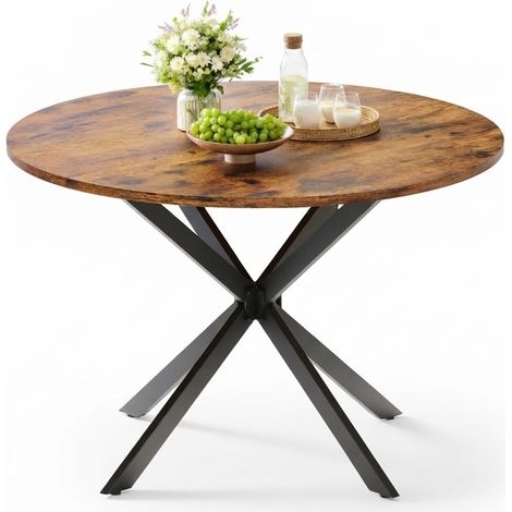 ELVMI Mesa de Comedor Redonda para 4 a 6 Personas, Patas en X Ajustables, Hierro y Tablero de Partículas, 120 x 120 x 76 cm, Marrón (1/5)