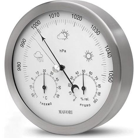 Analogue weather station - 3 in 1 barometer, thermometer & hygrometer for indoor and outdoor use - Ø 13.5 cm stainless steel frame with acrylic glass in modern design (1/5)