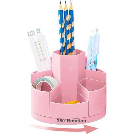 Porte-stylos à crayons de bureau 7 emplacements, organisateurs de stylos à crayons rotatifs à 360 ° pour le rangement de bureau, organisateur de fournitures de papeterie (rose) (1/5)
