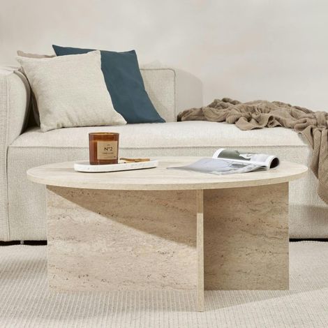 Pier Import – Table basse ronde minimaliste effet travertin – Dimensions 90x90cm – Hauteur 40cm – Structure MDF mélaminé – Design moderne (1/5)