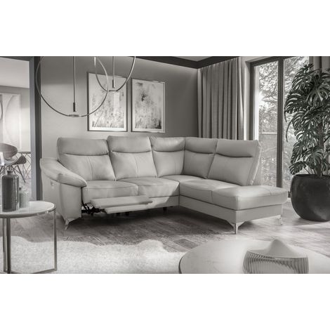 Canapé d'angle en cuir italien de luxe 5 places LUZERNE, avec relax électrique et coffre, gris clair, angle droit (1/5)