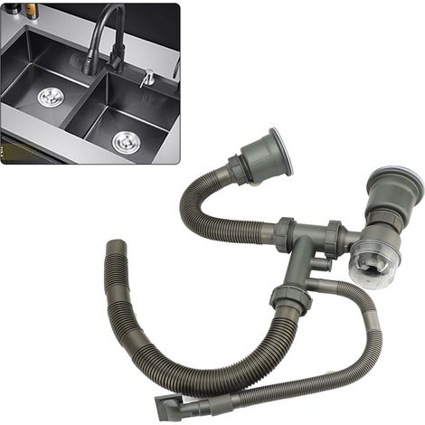 [Juego de desagüe para fregadero de cocina] Juego de desagüe de metal PP, a prueba de olores, de paredes gruesas y resistente al calor, para fregaderos dobles en el hogar. (1/5)