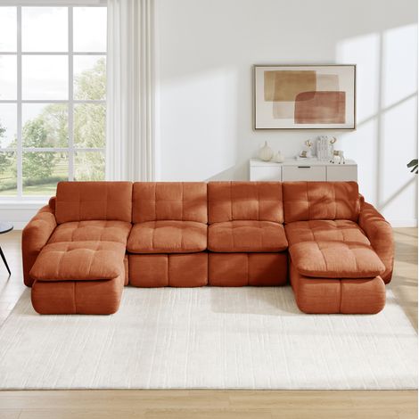 Canapé modulable en U orange en chenille, 334/160/68 cm, avec 2 poufs et assises profondes (1/5)