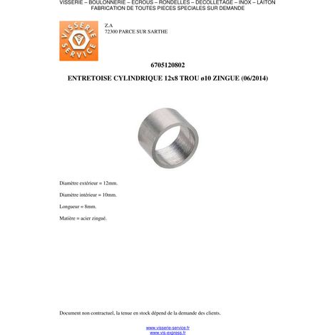 Entretoise Lisse 12X8 Trou 10 Acier zingué-1 pièce