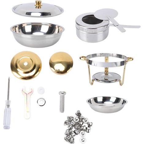 RéChaud Buffet Inox 5L Semi-Doré - Chauffe-Plat Professionnel, Finition Poli Miroir, Réchaud Alcool Inclus - Pour Traiteur, Mariage, Buffet, Hôtel - Acier Inoxydable - Semi-Doré - Avec Kit Accessoires (1/5)