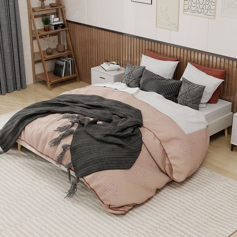 Lit en tissu beige 160x200 cm avec tête de lit haute et sommier à lattes (1/5)