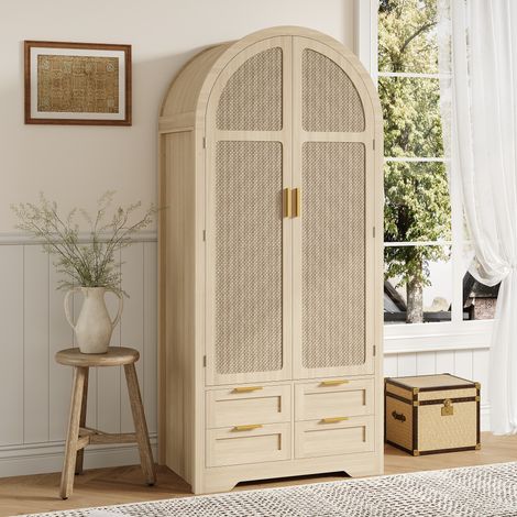 Armoire en rotin 80x50x179 cm - 2 portes cintrées en rotin - 4 tiroirs - Tringle à vêtements - MDF - Naturel