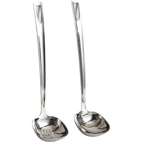 Set di 2 mestoli da zuppa in acciaio inox con colino e cucchiai da porridge resistenti al calore e appendibili. (1/5)