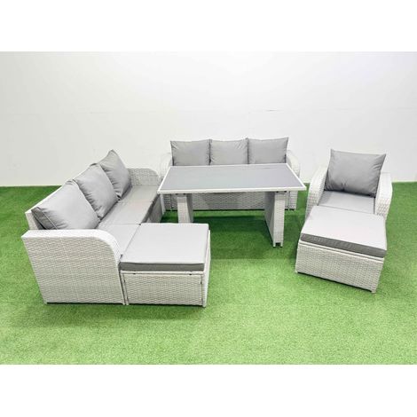 Fimous Rattan Garden Furniture Dining Set 9-seater Patio Rectangular Table Sofa Set with 2 Big Stools Light Grey (1/4)