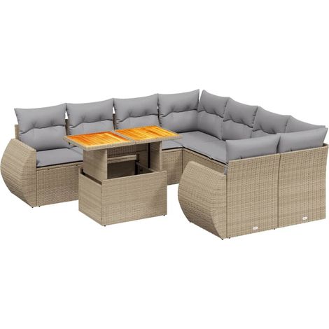 Set de sofás de jardín 9 pzas con cojines ratán sintético beige vidaXL (1/4)