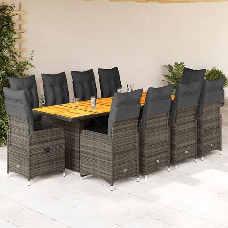11-tlg. Garten-Bistro-Set mit Kissen Grau Poly Rattan (1/5)