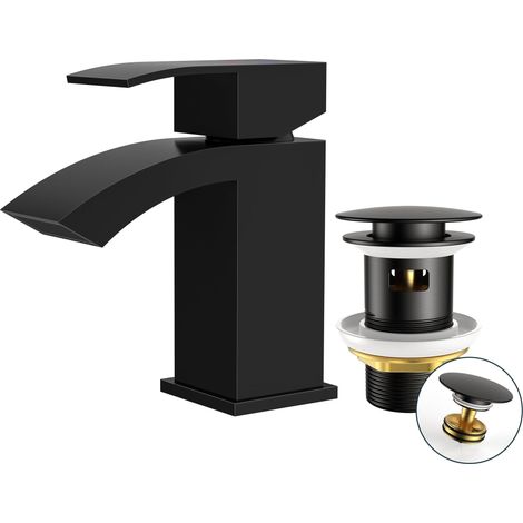 Robinet Salle de Bain Noir avec Bonde de Vidage, Mitigeur Lavabo Cascade Monocommande, Eau Chaude et Froide, Hauteur de Bec 60 mm, Design Bec à Grille et Économiseur d’Eau (1/5)