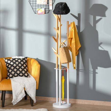 Perchero, perchero con 12 ganchos y soporte para paraguas, perchero con forma de árbol, perchero moderno para ropa, sombreros y bolsos, para sala de estar, dormitorio, bambú, natural y blanco.