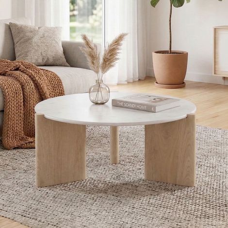 Table basse ronde 90x90x40cm en manguier et marbre blanc (1/5)