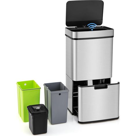 Costway – Poubelle automatique 72L en acier inox – Réservoir scellé 3,5L – 2 seaux amovibles 11L – Capteur infrarouge pour ouverture sans contact