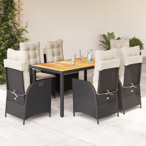 Ensemble 7 Pièces Jardin Noir Résine Tressée avec Coussins Crème - Table 150x90cm Acacia, Chaises Inclinables Max 110kg (1/5)