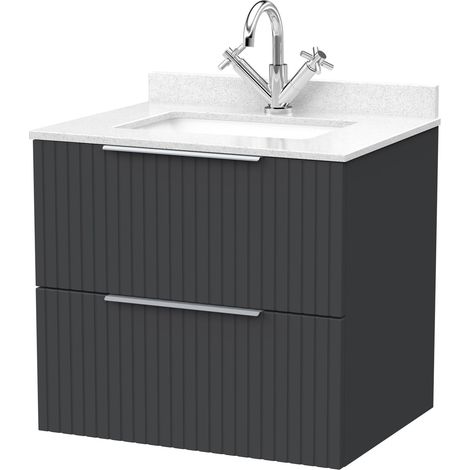 Callingwood Contemporary Wall Hung 2 Drawer Vanity Unit with Marble Worktop with Basin , 600mm, Dark Grey