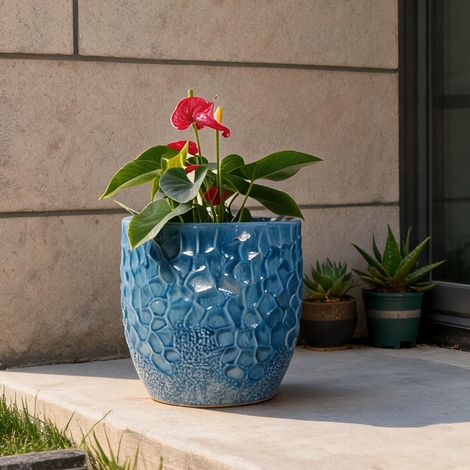 Pot de fleurs en céramique bleu glacé Ø38 cm fait main (1/5)