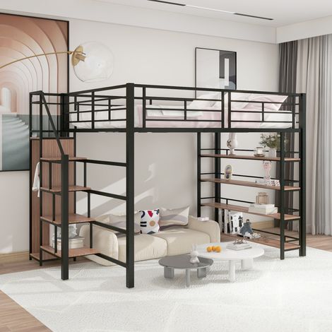 Letto a soppalco moderno 140x200 cm in metallo nero con scala contenitore, armadietto, ripiani e protezione alta (1/5)