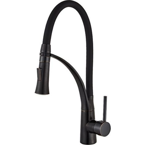 Robinet de cuisine - Mitigeur mécanique - Rotatif 360° - Avec douchette - En silicone - noir (1/5)