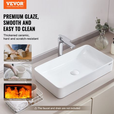 Lavabo rectangulaire, 609 x 351 mm, vasque à poser en céramique blanche au-dessus du comptoir, style moderne, lumineux et élégant,… (1/5)