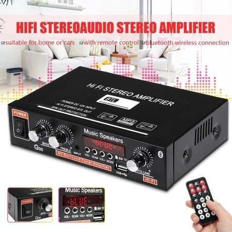Amplificateur HIFI bluetooth Stéréo Audio Radio FM 2 Canaux Voiture Maison Télécommande PRISE EU DC 12V AC 220V