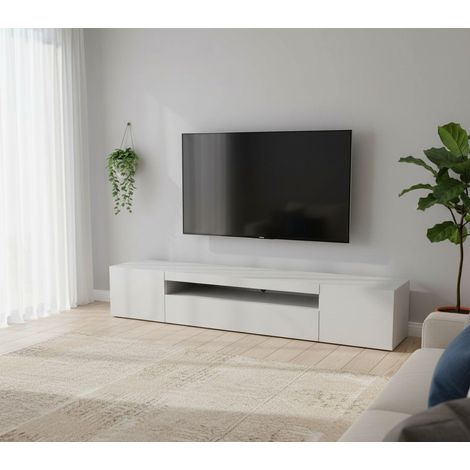 Mobile Porta tv - 2 Ripiani Apertura Battente e a Ribalta, Bianco Lucido, -, 200x40x37h cm Tunja