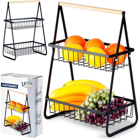 Cesta de fruta de metal negro de dos niveles (1/5)