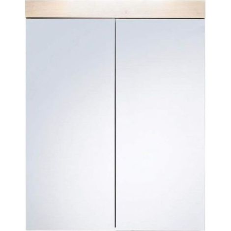 AMANDA - Armoire de toilette murale - 2 portes miroir - mélaminé blanc - bandeau chêne L - H - P : 60 - 77 - 17 cm (1/5)