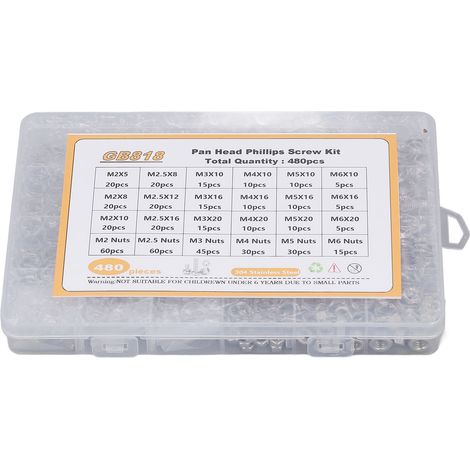 480PCS Screw Kit Pan Head Cross 304 Stainless Steel Screw Nut Washer Assortment Kit M2 M2.5 M3 M4 M5 M6