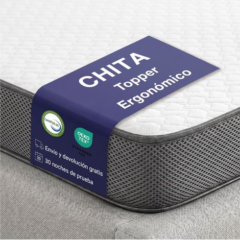 Topper 160x200 cm, Grosor 7 cm, dos caras: H2 viscoelástica con gel / H3 espuma confort, base antideslizante y tiras de fijación, con certificaciones OEKO-TEX y CertiPUR CHITA (1/5)