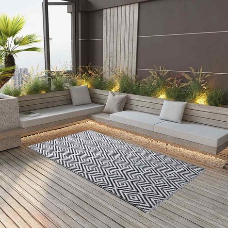 Tapis d'extérieur Terrasse Salon Cuisine - Tapis de jardin Blanc et noir 120x180 cm PP BV989002 - BonneVie (1/5)