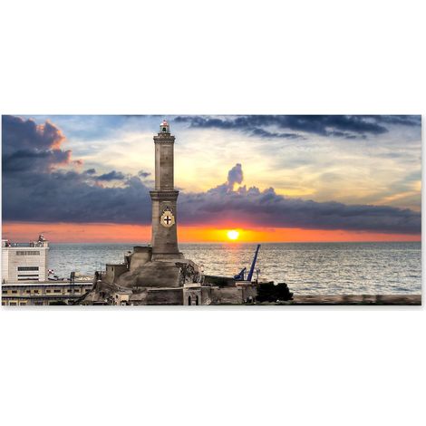 Lupia - Quadro moderno su Tela Canvas DEEP 65X143 cm, con paesaggi e localismi italiani, per casa, soggiorno, capezzale camera da letto, hotel, ufficio, GENOVA - LANTERNA GIORNO (1/4)