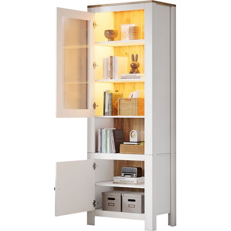 Vitrine haute 70 x 40 x 188 cm avec 2 portes, 6 étagères réglables, LED USB et finition blanc et bois clair, idéale pour petit salon et salle à manger  CHICFURN (1/5)