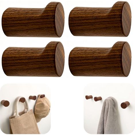 Crochets en bois lot de 4 - patères pour serviettes, sacs et chapeaux avec vis, brunes, 5 x 3,5 cm (1/5)