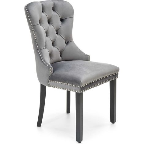 Chaise capitonnée en velours gris avec pieds noirs en bois massif BERENICE (1/4)