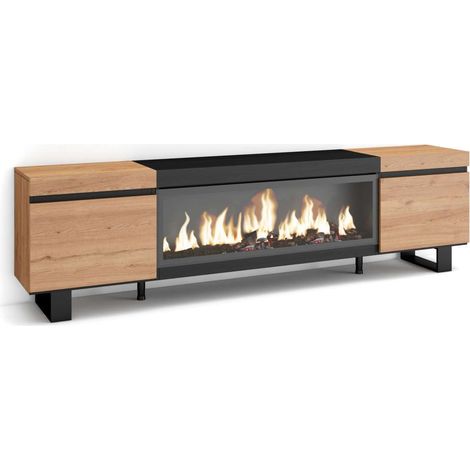 Mueble TV Humilladero-01 de 210x57x35 cm con chimenea eléctrica XXL, diseño industrial, color roble y negro (1/4)