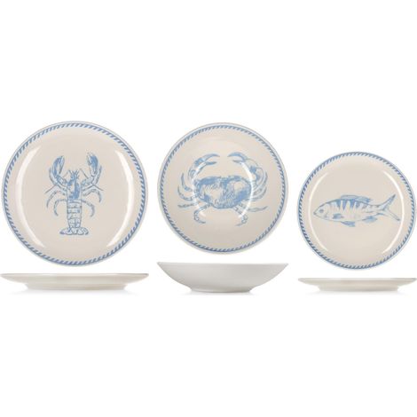 Service de Table 18 Pièces en Grès Décoré, Vaisselle Complète pour 6 Personnes, Design Méditerranéen avec Poissons et Crustacés Bleus (1/5)