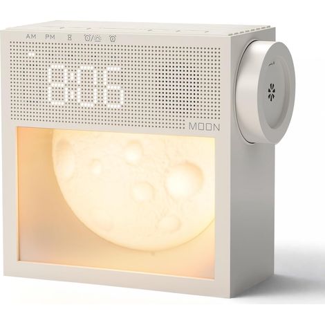 Réveil et lampe de lune combinés, lampe de chevet avec 3 niveaux de luminosité pour la nuit, avec lumière du jour, réveil lumineux, lumière de réveil, 20 sons naturels, lampe de nuit à intensité (1/5)