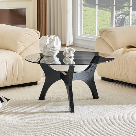 Mesa de centro redonda 80 cm de vidrio, estructura negra de MDF HAVRYA (1/5)