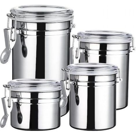 Set mit 4 Edelstahl-Küchenbehältern mit luftdichten, transparenten Deckeln und Verschlussclips zur Aufbewahrung von Lebensmitteln, Keksen, Mehl, Zucker, Tee, Kaffee, 1 (1/5)