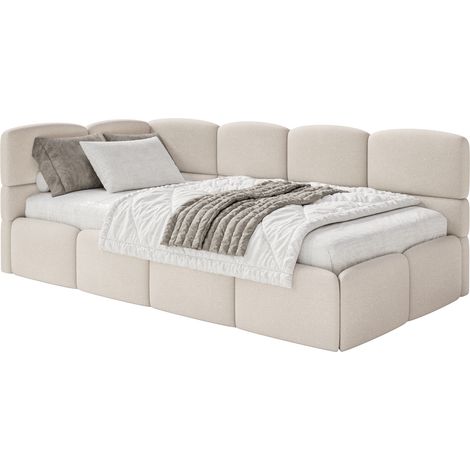 Selsey Cloudy – Jugendbett 120x200, Kopfteil links, Matratze & Bettkasten, Chenille Cremeweiß