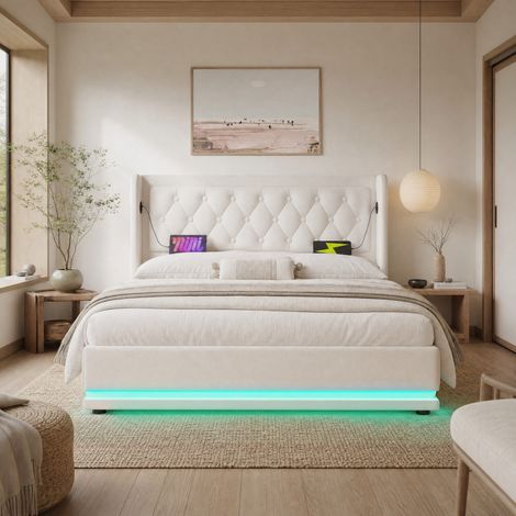 Letto 140x200 cm in PU bianco con contenitore, LED e USB-C, senza materasso – MEUBLIV (1/5)