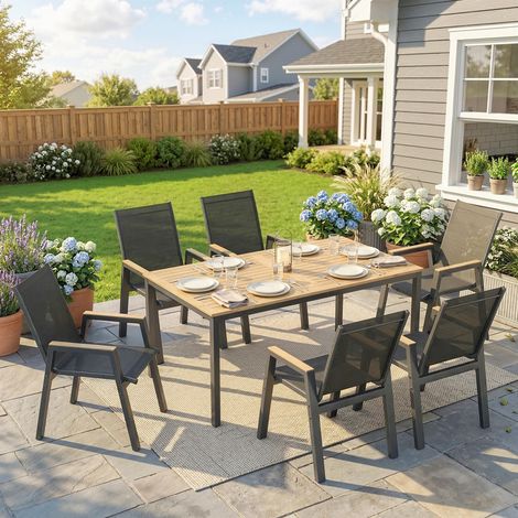 Salon de jardin extérieur 6 personnes, table et chaises de jardin complètes avec plateau et lattes et 6 chaises respirantes, pour terrasse et patio (Noir) (1/4)