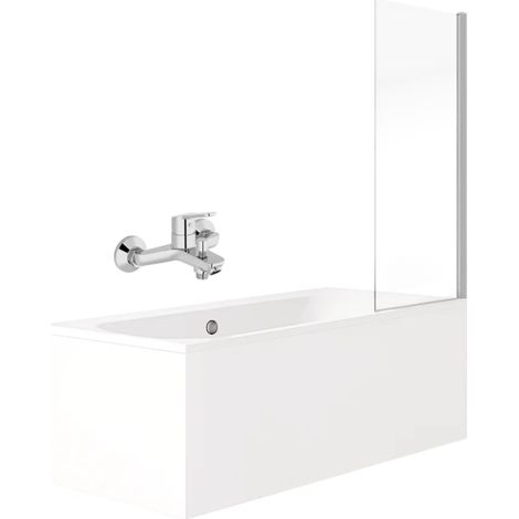 Pack baignoire 170 x 75 JACOB DELAFON Elise + tablier angle + mitigeur bain douche mural Aimé chromé + pare bain chromé + vidage